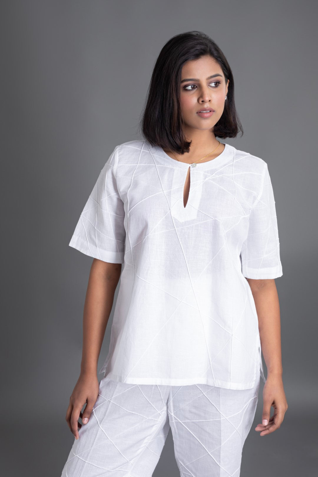 White on White Half Sleeve Crazy Pintuck Top