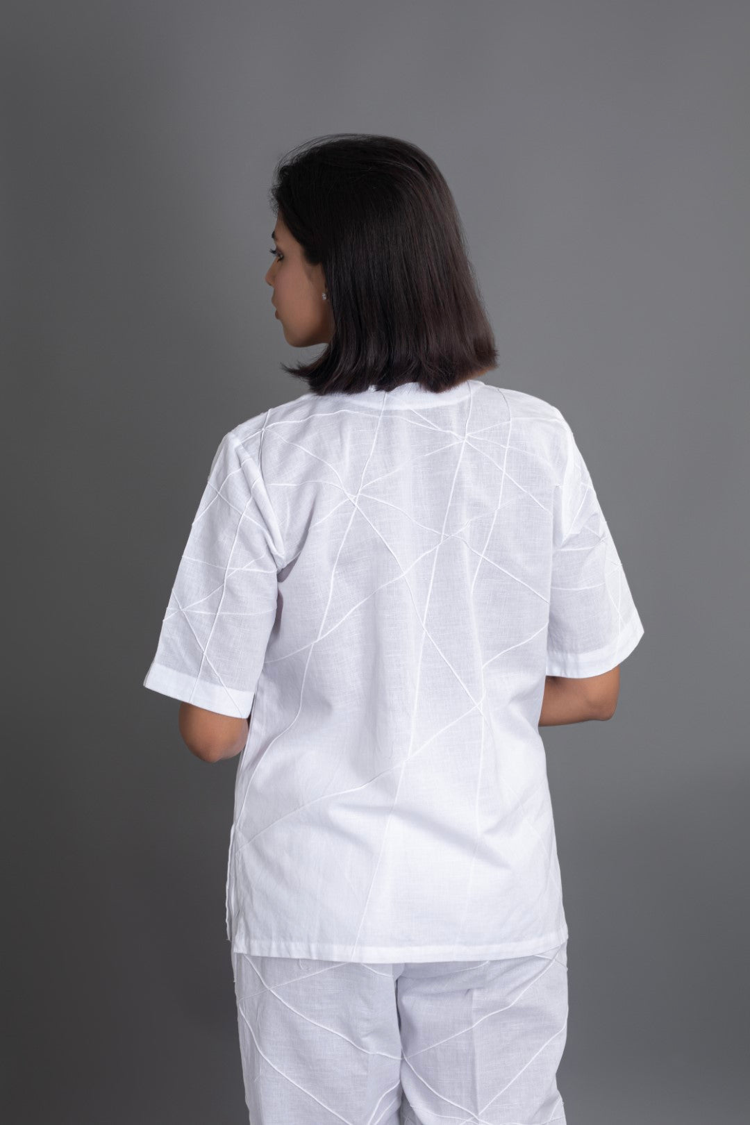 White on White Half Sleeve Crazy Pintuck Top with Crazy Pintuck Trousers