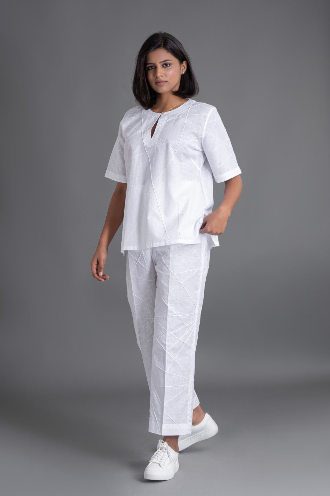 White on White Half Sleeve Crazy Pintuck Top