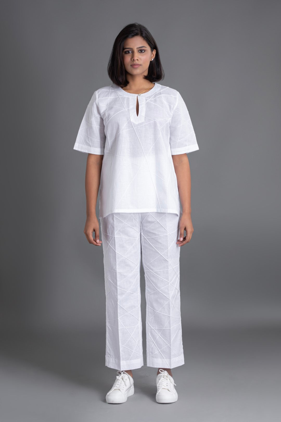 White on White Half Sleeve Crazy Pintuck Top with Crazy Pintuck Trousers