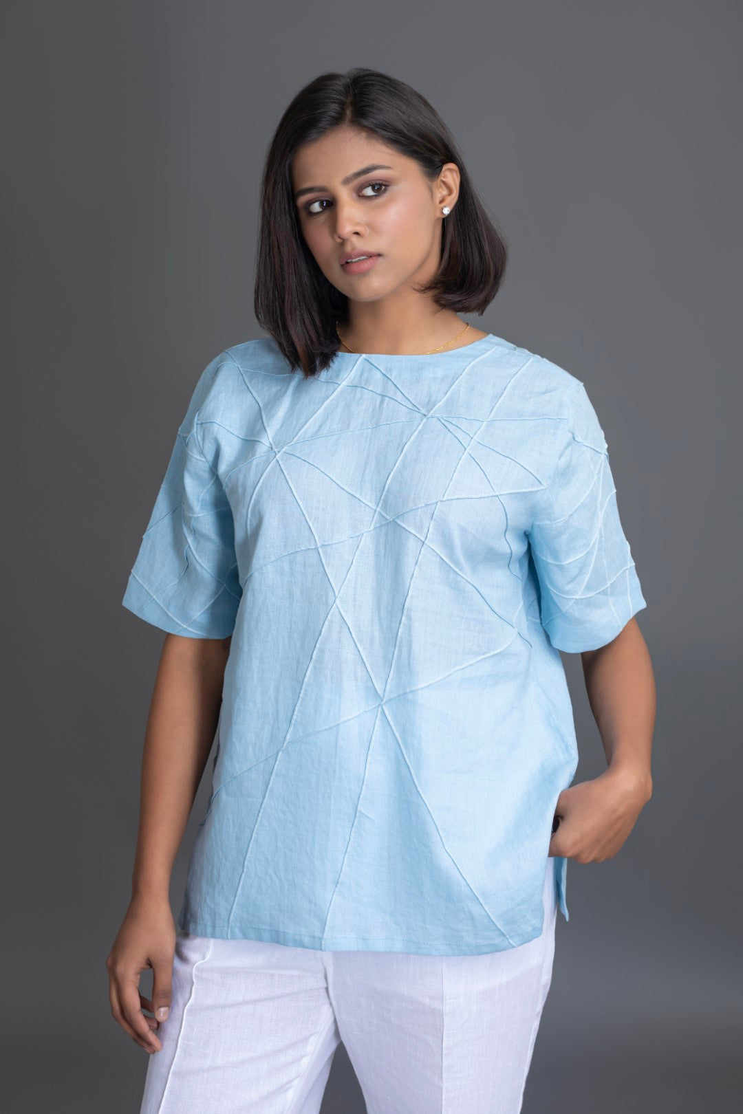 White on Ice Half Sleeve Crazy Pintuck Top