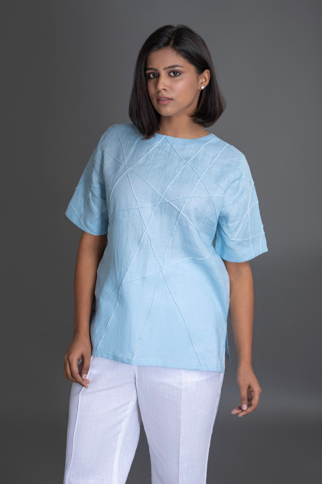 White on Ice Half Sleeve Crazy Pintuck Top