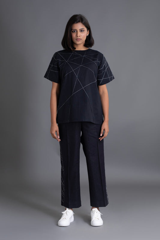 Black with White Half Sleeve Crazy Pintuck Top with trousers