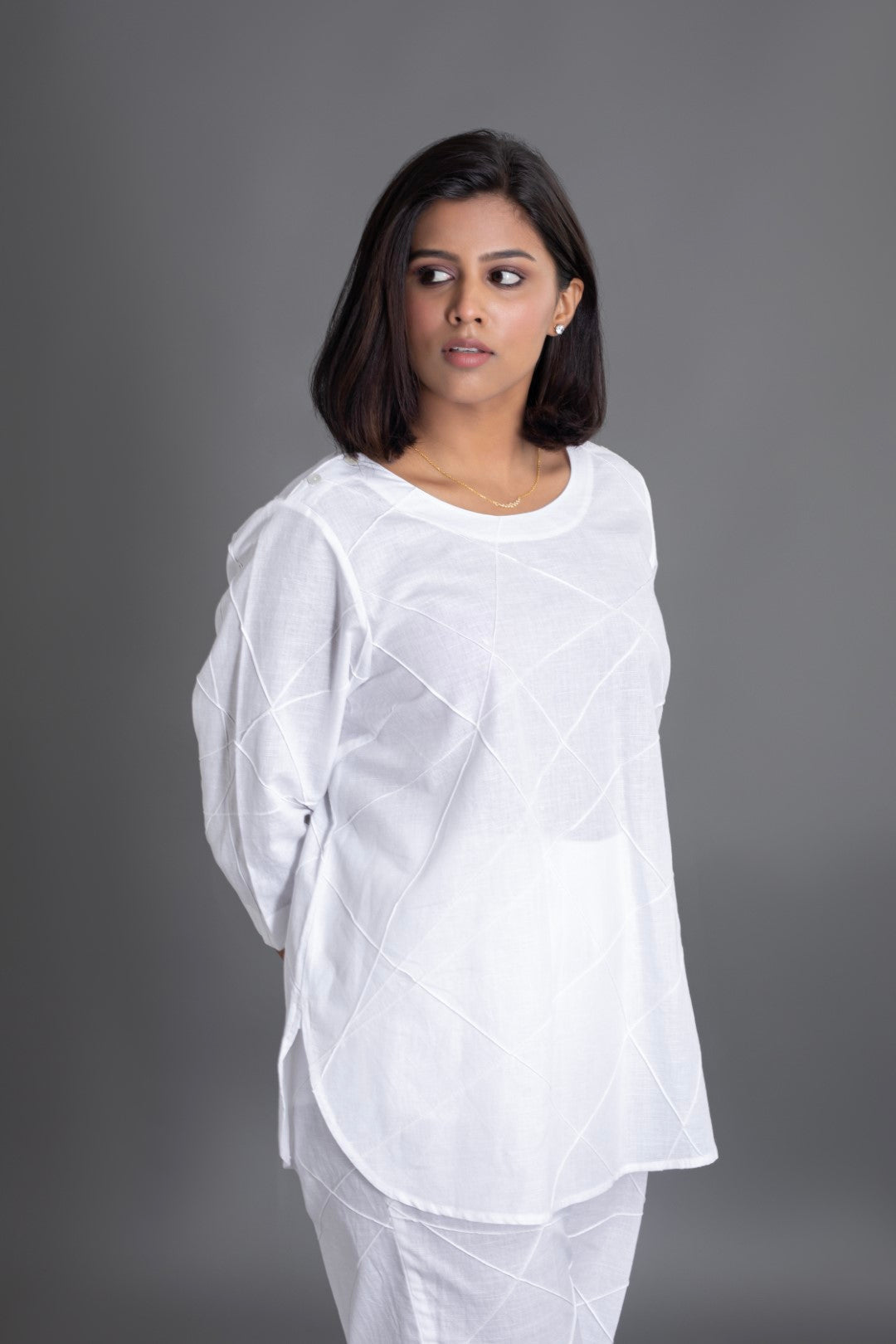 White on White 3/4 Sleeve Crazy Pintuck Top with Crazy Pintuck Trousers