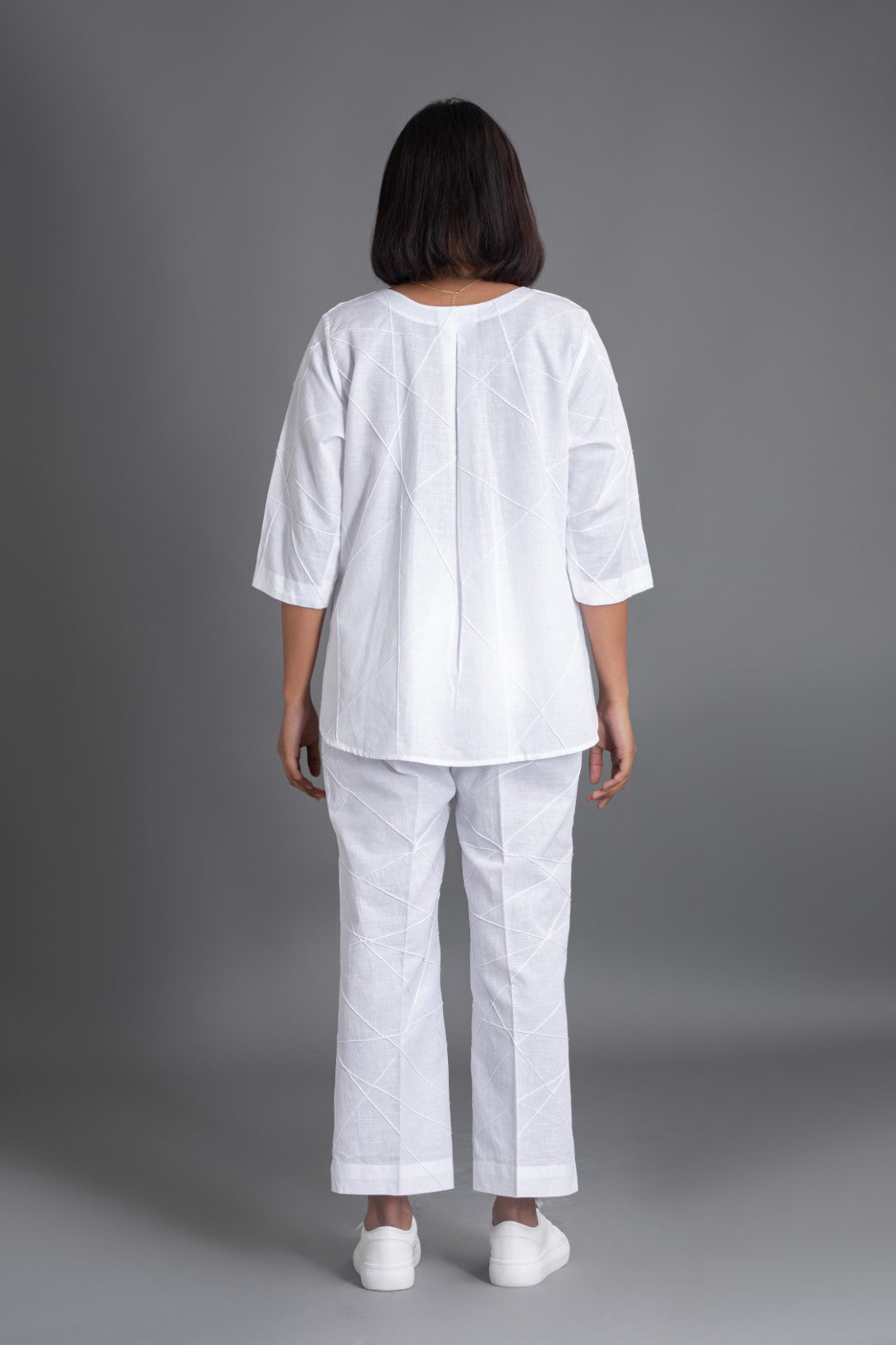 White on White ¾ Sleeve Crazy Pintuck Top