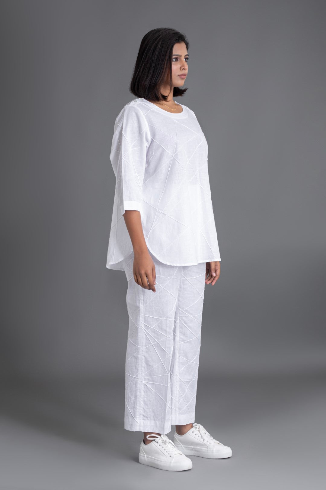 White on White ¾ Sleeve Crazy Pintuck Top