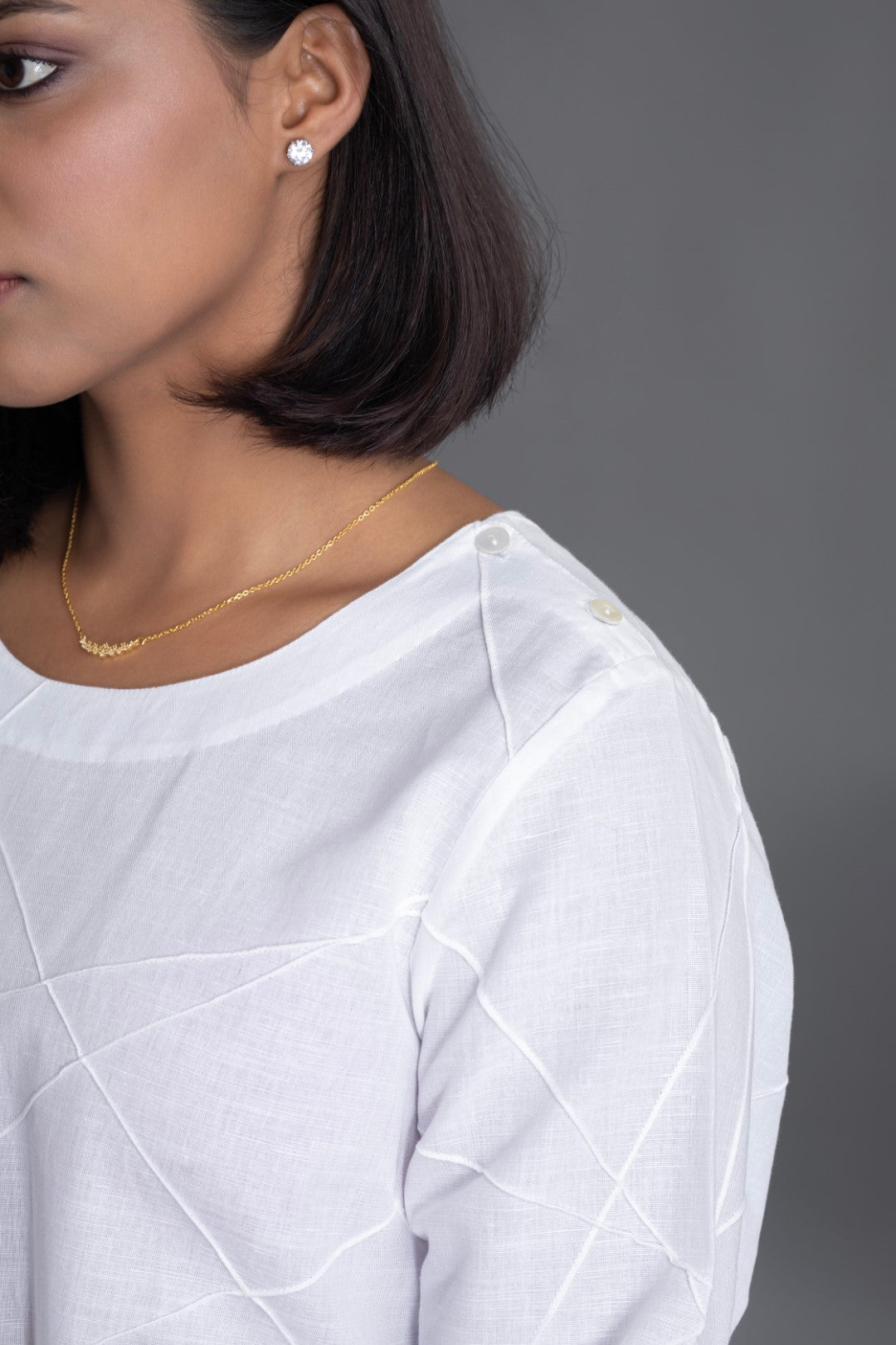 White on White ¾ Sleeve Crazy Pintuck Top