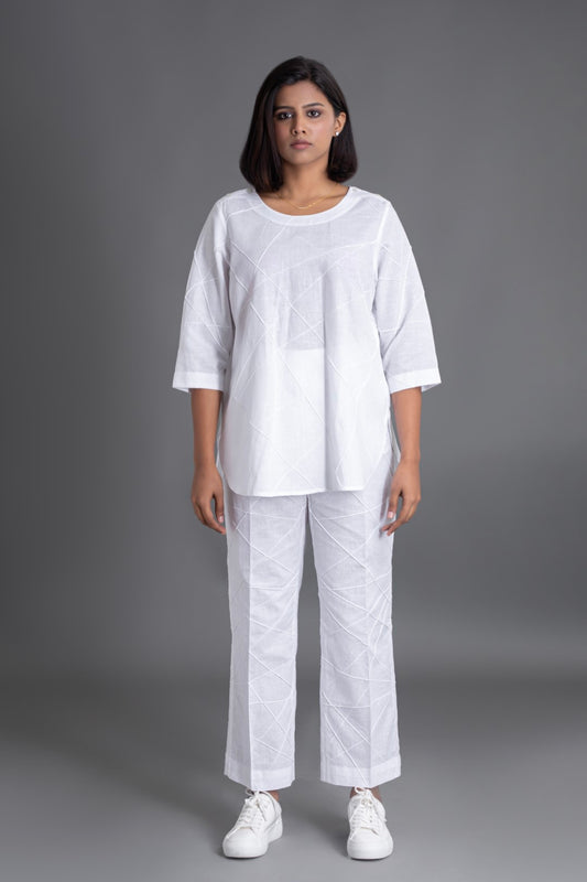 White on White 3/4 Sleeve Crazy Pintuck Top with Crazy Pintuck Trousers